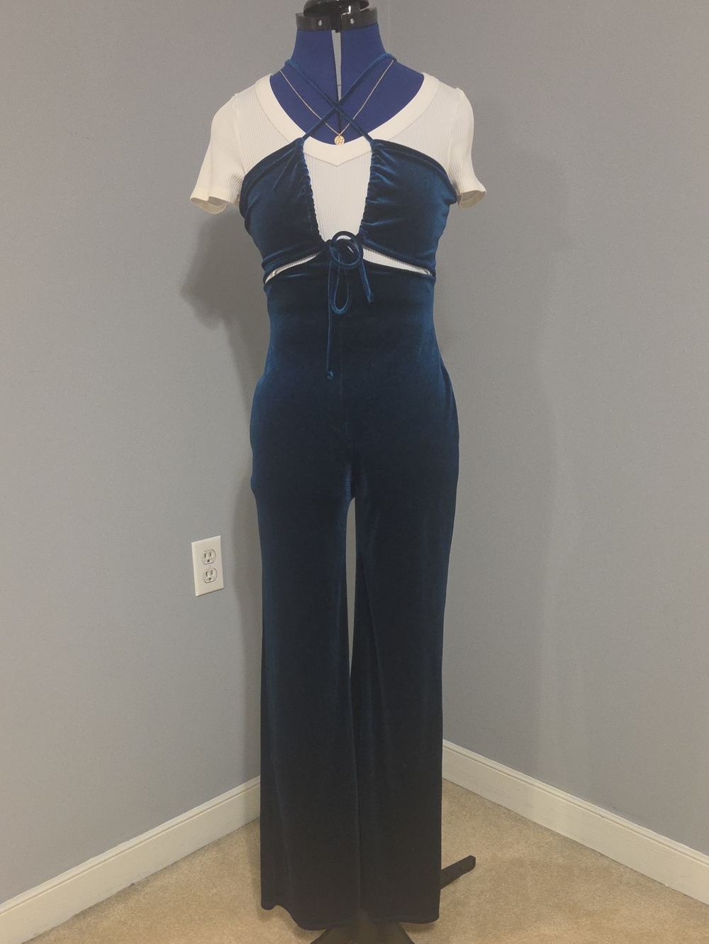 Urban Outfitters Teal Blue Velvet Tie-Front Jumpsuit